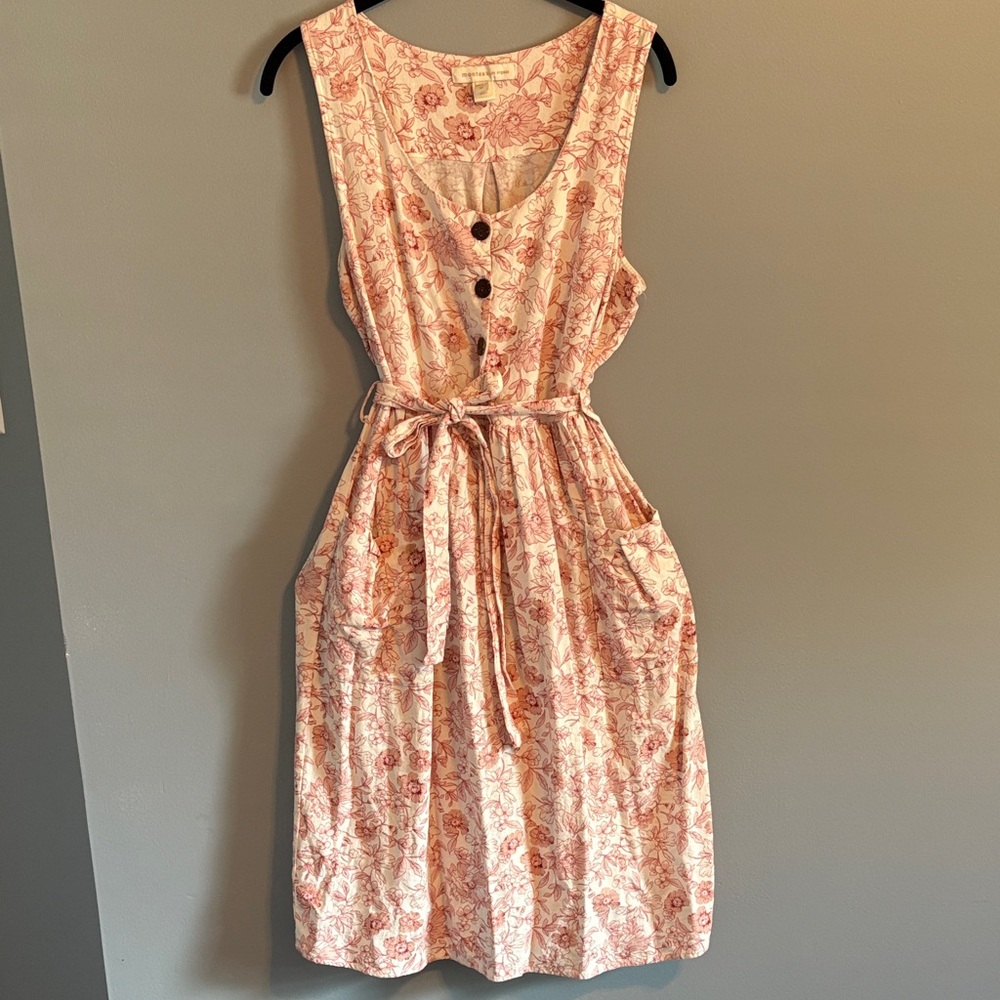 Sleeveless Pink Floral Midi Dress with Tie Waist